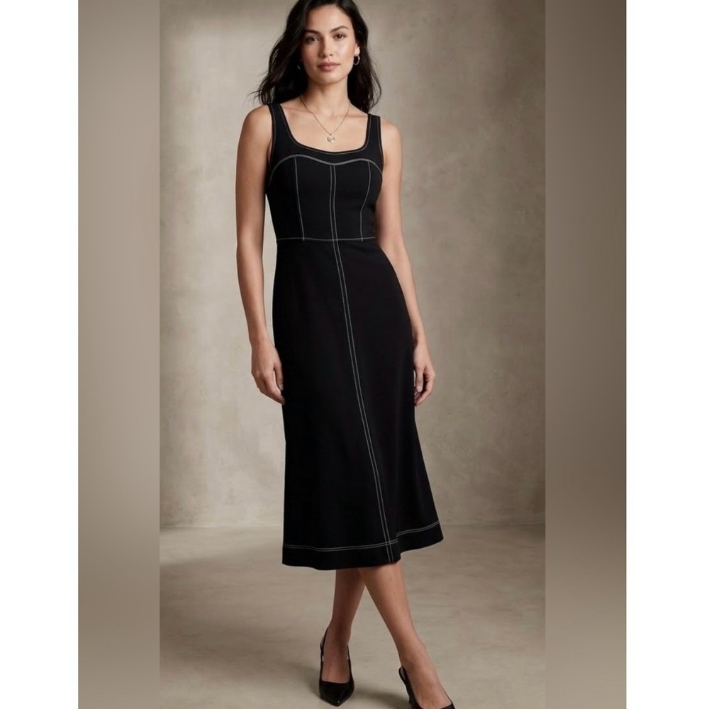 NWT LOFT Black Midi Tank Dress Contrast Stitch Square Neck A-Line Sz 8